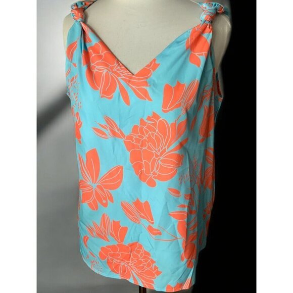 SHEIN Tops - Turquoise & Coral Floral Knot-Shoulder Cami Top